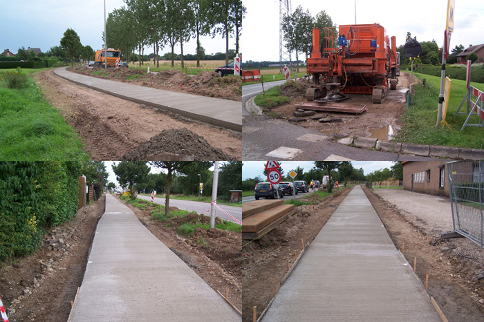 Nieuw betonnen fietspad over groot gedeelte noordzijde Maaseikerweg gestort.